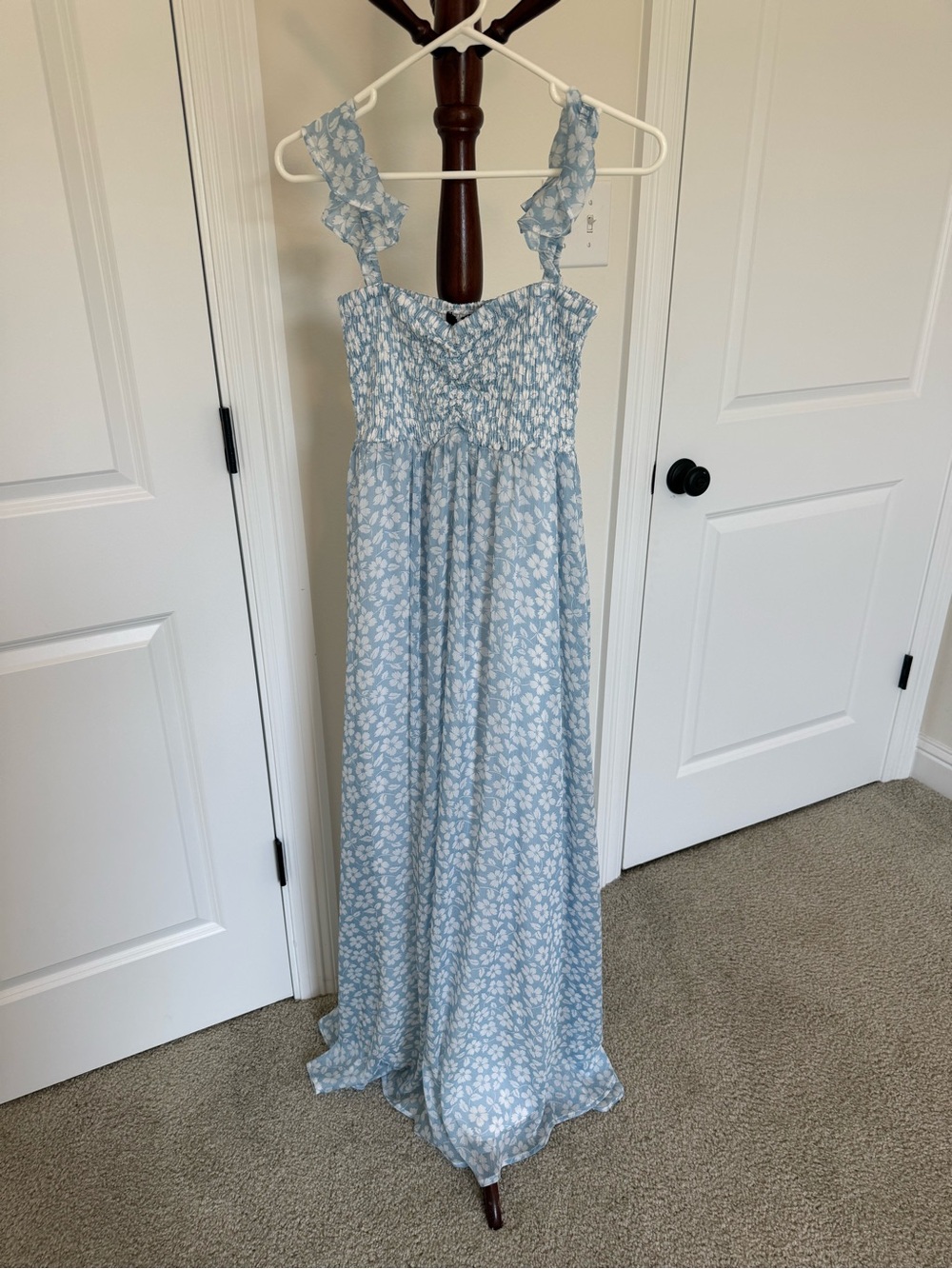 Aakaa Sky Blue and White Floral Smocked Maxi Dress